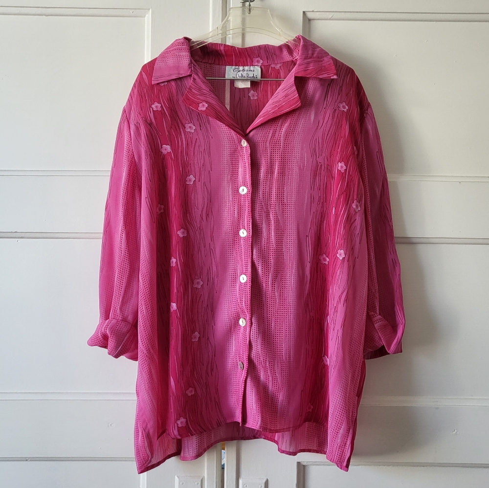 Options By Delta Burke Button Top Pink Floral Y2K Whimsy Plus Size 2X